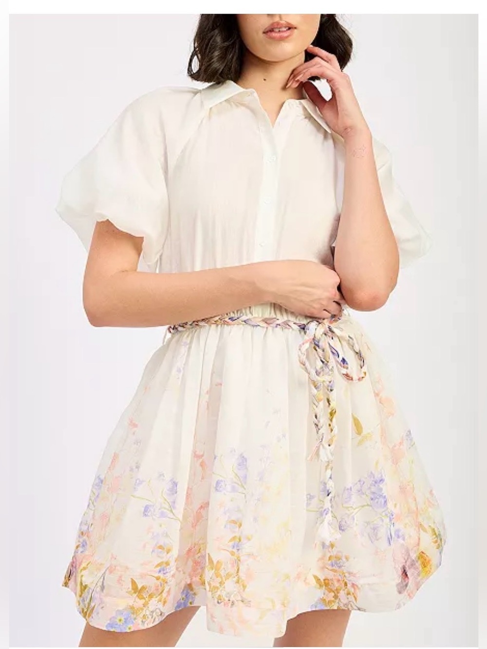 [$220]M/L EN SAISON dress Mini/Midi with BELT Floral Ballon sleeve